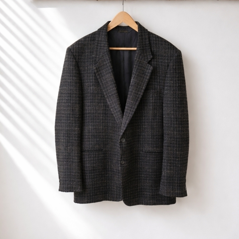 Vintage Adams Row 100% Wool Blazer 46L Charcoal Plaid Tweed Sport Coat Academia